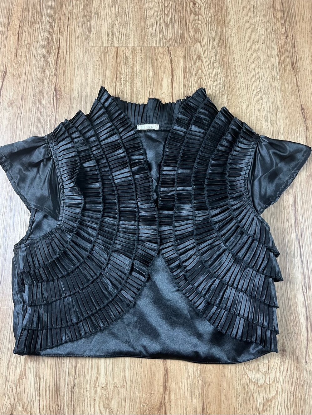 Vixen Black Satin Pleated Cropped Bolero Vest Y2K